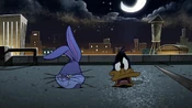 Daffy makes fun of Bugs' catchphrase, and claims that he has never heard Bugs say it before.