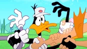 Daffy gets tangled with Bugs, Dickey and Abby when they all meet and shake hands.