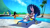 Daffy questions Bugs about just reading a book and not doing risky things.