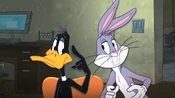 Bugs talking to Daffy at the dinner table.