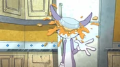 A carrot pie falls off of the ceiling and onto Bugs' head.