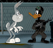 Daffy bailing out Bugs.