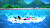 Daffy crashes into the pool.