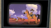 Bugs watching himself riding a horse.