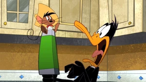 Daffy gets scared by seeing Speedy Gonzales.