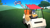 Daffy chases her using a golf cart.