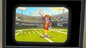 Bugs watching himself wave at the camera at the football game.
