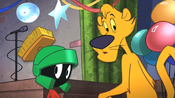 Marvin and Pete notice Daffy, suddenly.