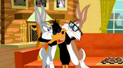 Daffy hugs Bugs and Rodney.