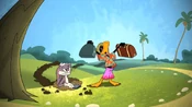 Bugs watches annoyedly as Daffy hollers about finally making it to the resort.
