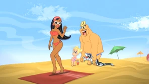Crusher affectionately looks at the bikini-clad lady.