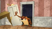 Taz destroys the kitchen and door, as Tweety tries to fly away.