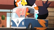 Daffy drives Gossamer to school in his duck truck.