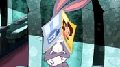 Bugs puts a magazine over his head so he can cancel some of Lola's talking.