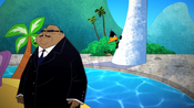 Daffy glares at Starlett's bodyguard, before going up to the diving board again.