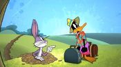 Bugs asks Daffy if that is his uncle standing over to the right.