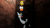 Tweety flies himself and Sylvester up the chimney.