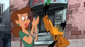 Daffy arresting a woman, thinking that she's stealing money from the machine.