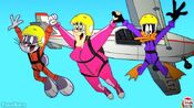 Bugs, Daffy and Granny skydiving.