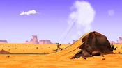 Road Runner stops as Wile E. continues.