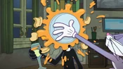Bugs throws the carrot pie in Daffy's face.