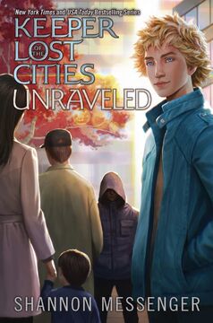 The cover of Unraveled, showing Keefe looking at the viewer with humans in the background. One human wears a cloak and looks forward, with only the bottom half of their face visible.