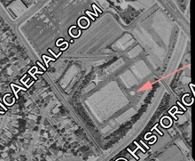 Mockup of Jupiter 2 on the Fox lot in 1967, as seen from the air.  Notice the close proximity of Olympic Blvd, which may explain why all the voices were dubbed in the outdoor shots (due to traffic noise).  Also note a mockup airplane, just around the corner of the large building.