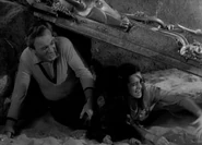 The storm frieghtens Dr. Smith, so they hid under the mirror.