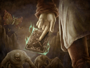 A loading screen for Lost Kingdoms featuring a card held by Katia while she faces two Sand Golems and four Gold Butterflies.