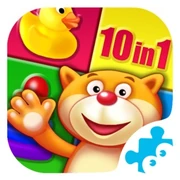 A cat waving at the background of 4 squared colors with toys