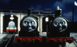 Donald and Douglas confronting Gordon and Henry; found in a Japanese book (title unspecified).