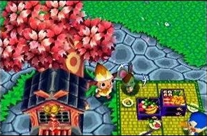 An in-game screenshot depicting two residents having a picnic and the Bell Shrine; an object from the Japanese-only games.