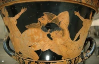 Heracles and Antaeus, red-figured krater by Euphronios, 515–510 BC, Louvre (G 103)