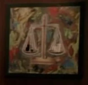 A painting of balanced scales in Widmore's office