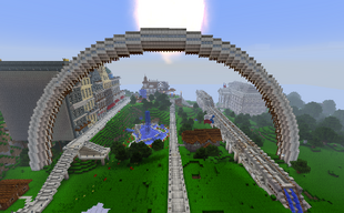 I built this giant arch as a gateway to the /warp build area of the time. It didn't turn out nearly as good as I hoped, but you can go up in the top of it.