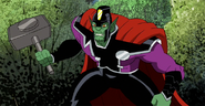 Un Skrull usando a Caballero Negro, Thor y una copia tecnológica de su martillo