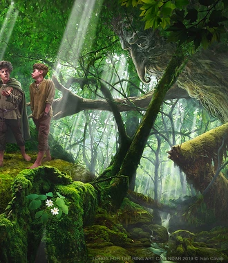Treebeard (right) finding Merry and Pippin, by  