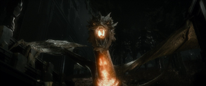 Smaug preparing to shoot fire at Bilbo