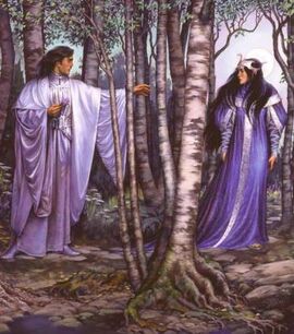 Aragorn and Arwen in woods near , by 