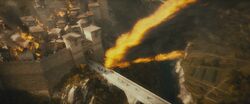 Smaug's liquid-flame in the first film, which is capable of destroying stone buildings. It has been repeatedly described by  and others to resemble napalms