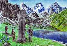 Gimli, Frodo und Sam an Durins Stein