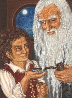 Bilbo, middle aged, with Gandalf, by 