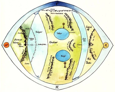 Arda po upadku latarni (graf. Sarka Skorpikova według rysunku J.R.R. Tolkiena, na którym nie ma latarń