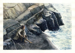 Voronwë sitting by the sea after the foundering of his ship, by Filat