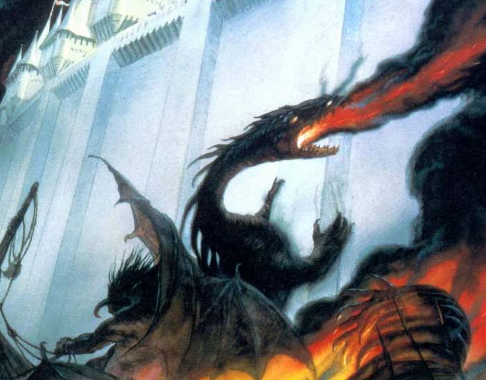 A painting of the death of Glaurung, the first dragon of Morgoth