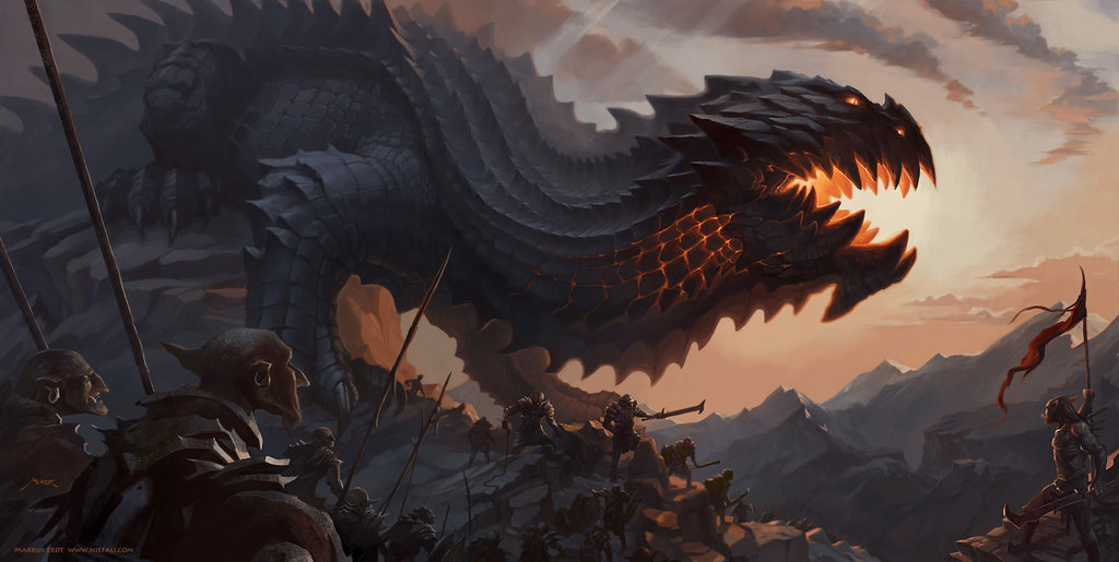 A painting of the death of Glaurung, the first dragon of Morgoth