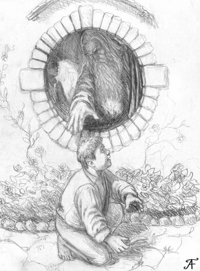 Samwise gardening at , found by Gandalf to be eavesdropping, drawn by  