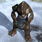 A Mountain Giant in BFME II holding a boulder to throw