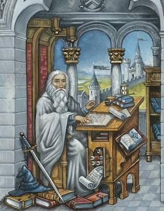 Gandalf in the library at Minas Tirith, by  