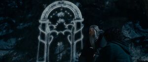 The fabled Doors of Durin, outside Moria, laced with enchanted ithildin
